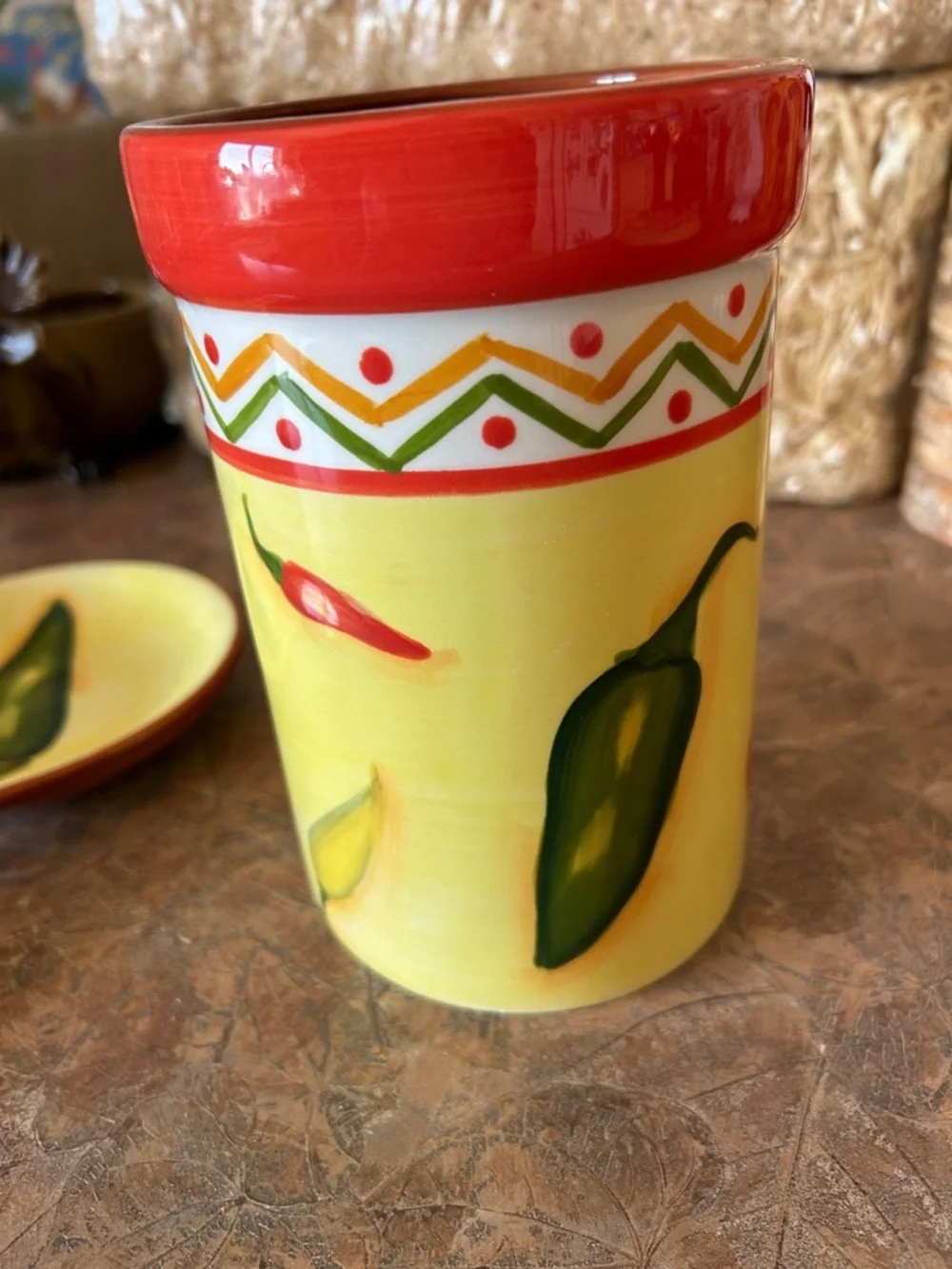 Vintage Clay Art Handpainted Ceramic Chili Pepper Utensil Holder and Spoon Rest